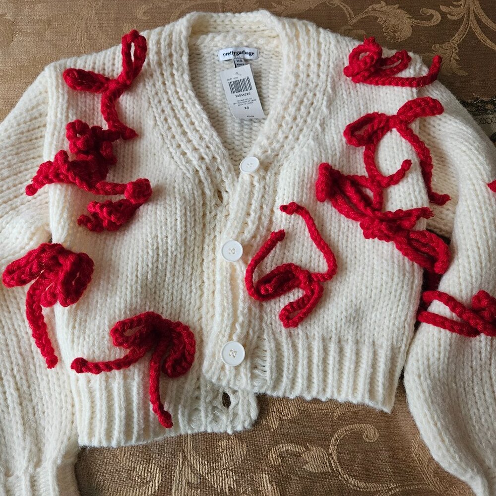 NWT Hot Topic Red Ribbon and Cream Cardigan Sweater